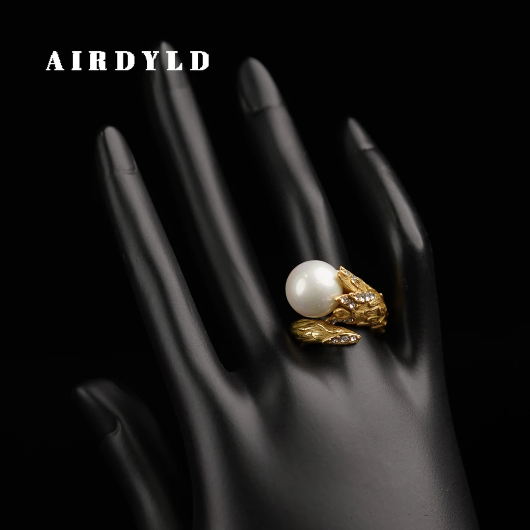 黄铜仿珍珠戒指 【凤羽戒指】开口可调节复古金色时尚小众手工戒指