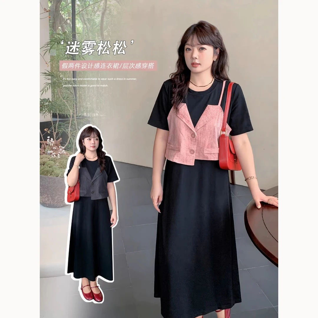 胖女孩2025夏装上新胖mm假两件连衣裙设计感撞色女裙显瘦微胖T裙