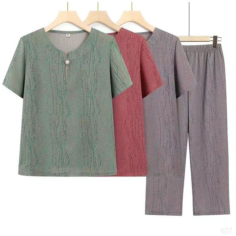 雅韵老年人夏季女奶奶装套装T恤老太太短袖70岁老人衣服妈妈宽松
