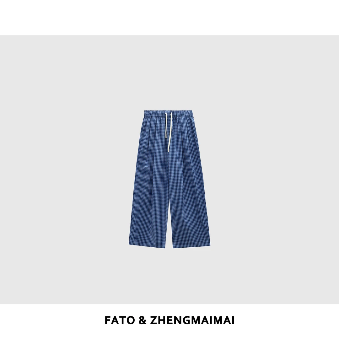 fattonny郑买买【蓝调棋盘格】夏款休闲百搭格纹抽绳长裤 YZ50428K1