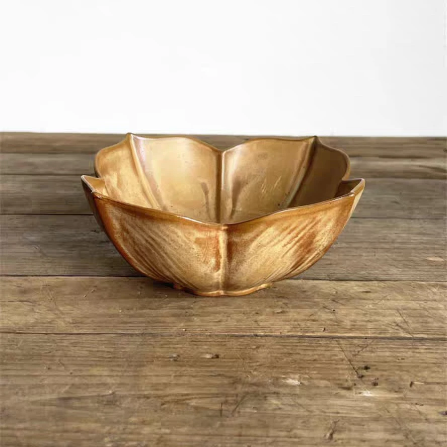 633粗陶系列6.7寸莲花深碗家用甜品碗沙拉碗厨房餐具1只手工拉胚