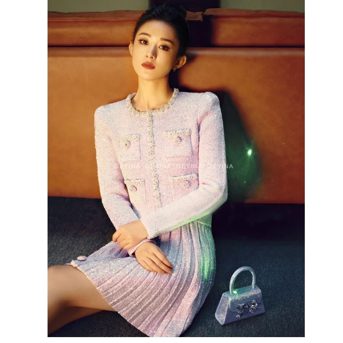 2025秋冬新款针织长袖上衣配百褶半身裙SP小香风套装短款两件套