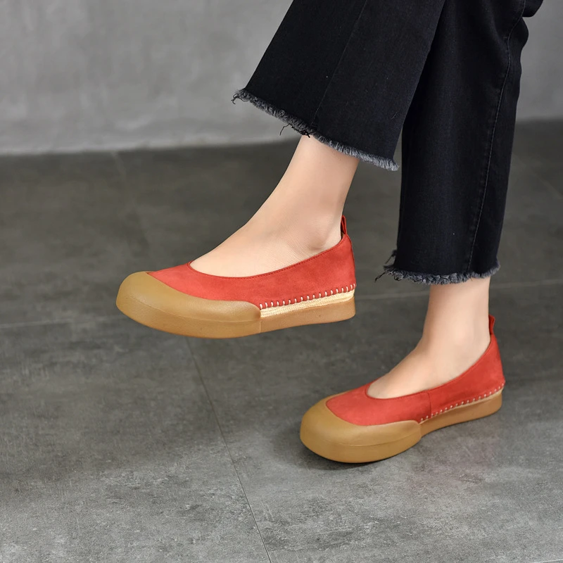 2025年春款复古红色羊皮单鞋麻绳编织包头休闲女鞋真皮圆头板鞋女