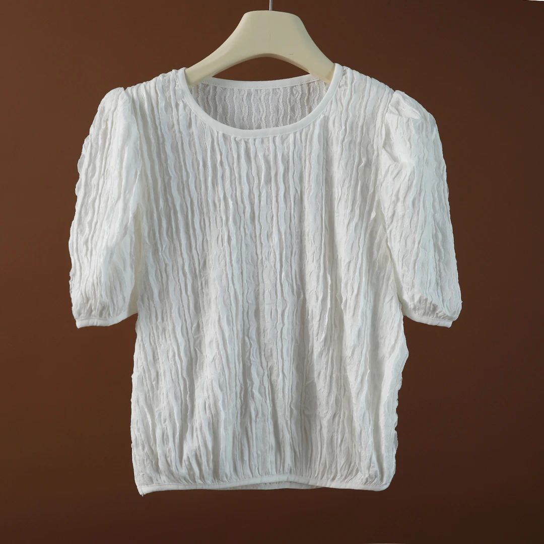 08336 舒适软糯！夏季女士圆领木耳褶皱软糯舒适高弹力针织衫