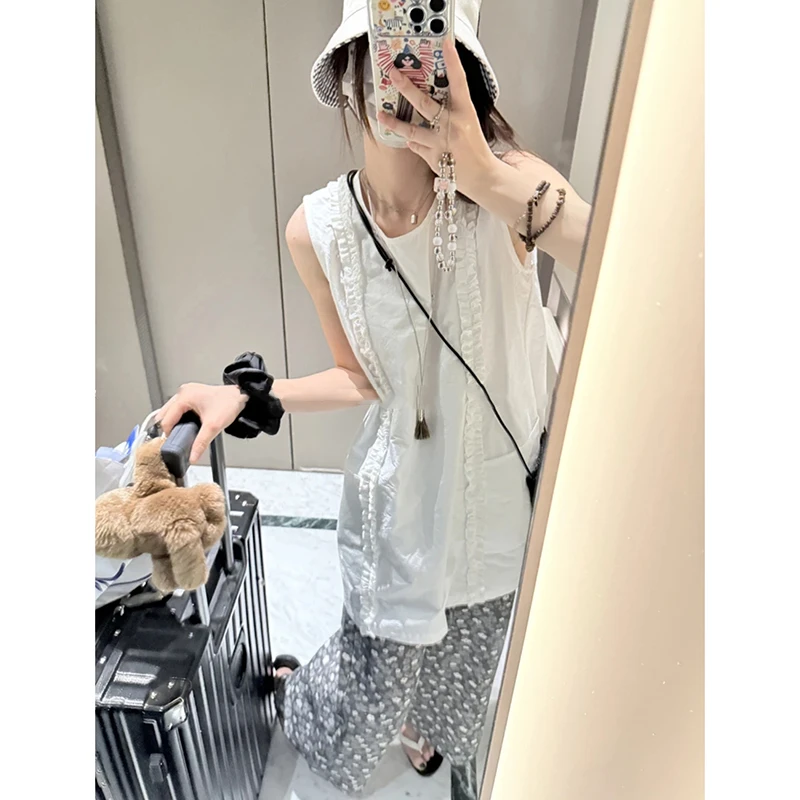 褶皱肌理感法式木耳边白色A字裙连衣裙松紧腰直筒阔腿裤套装