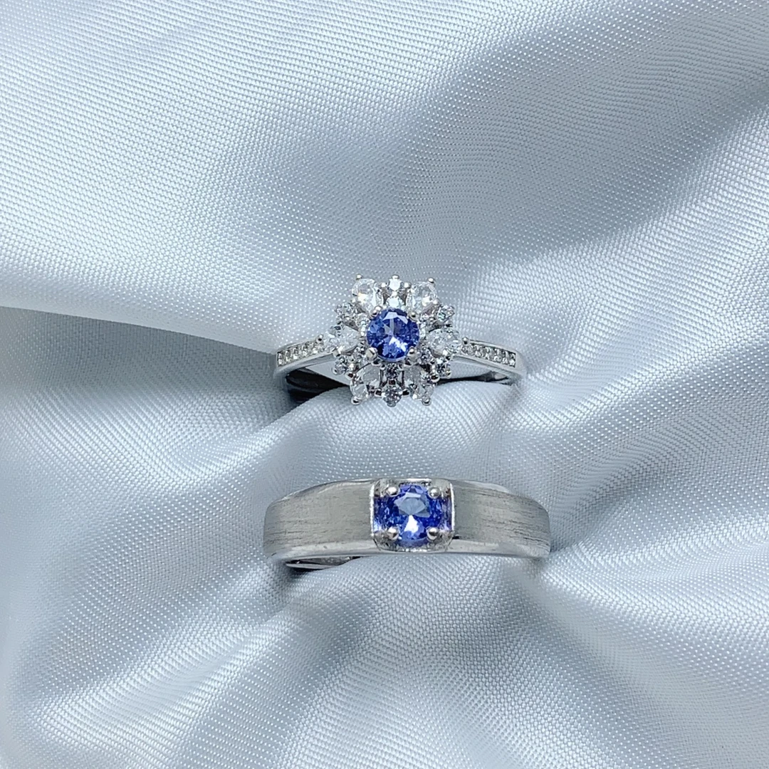 【两不疑】天然坦桑石情侣戒指时尚女士男士经典银戒925