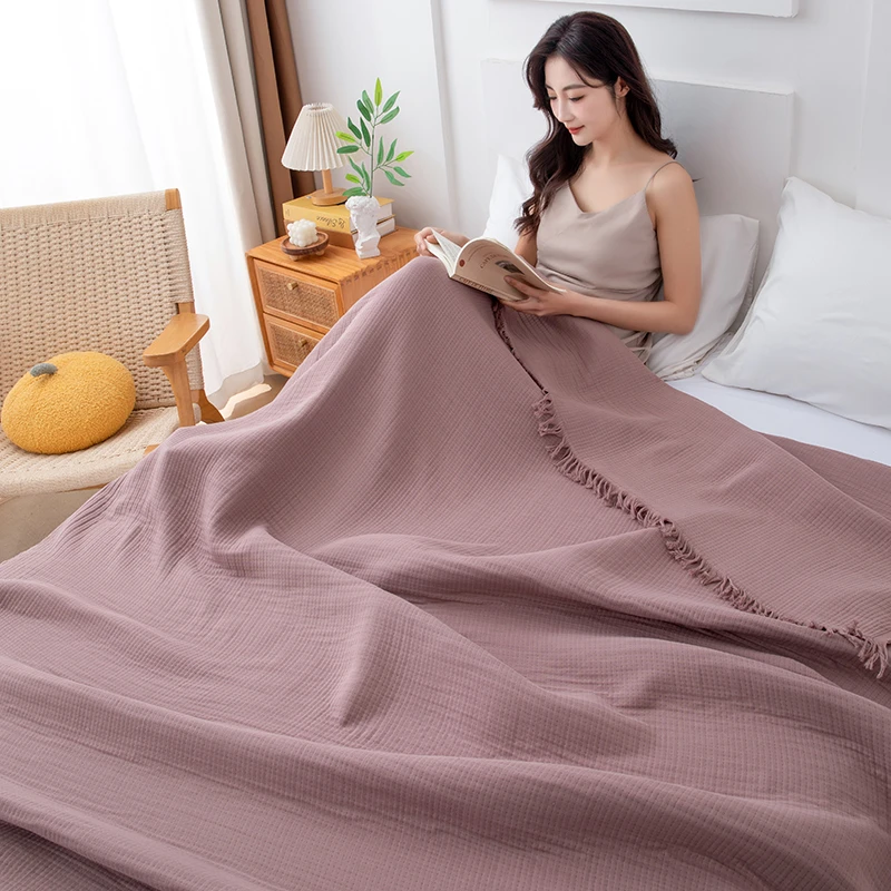 全棉皱皱纱流苏盖毯 四层纱休闲毯午睡毯