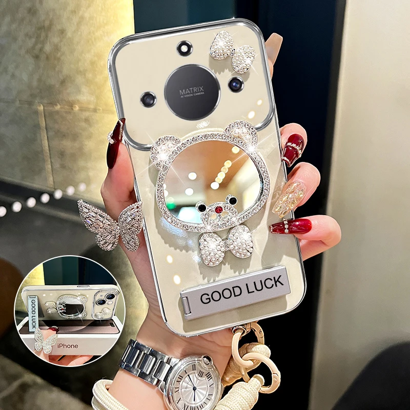 适用荣耀x50领结熊补妆镜大视窗手机壳创意电镀防摔全包网红女款