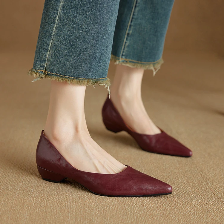 羊皮真皮尖头浅口法式复古软底平底单鞋女鞋春秋舒适低跟气质百搭