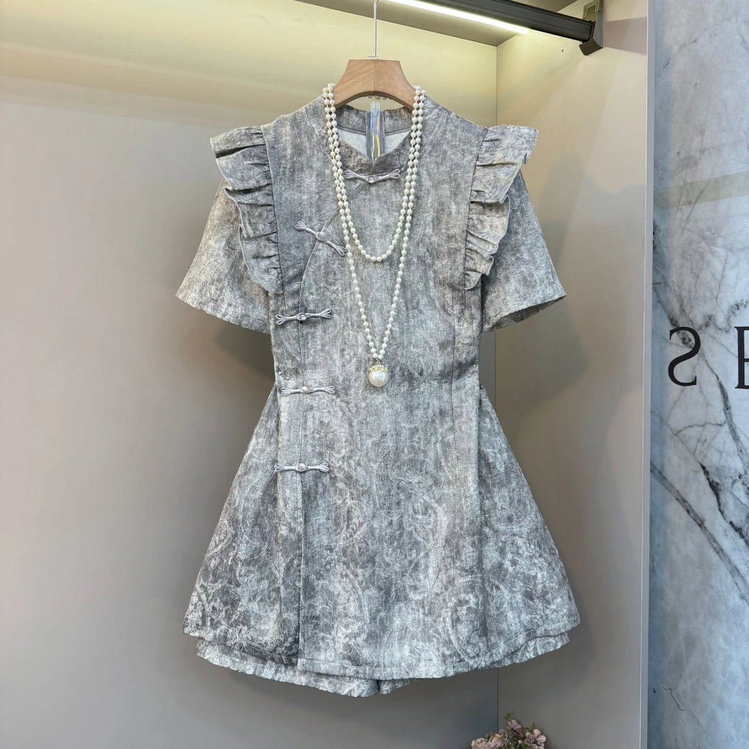 新中式立领盘扣拼接花边设计感复古开叉上衣+洋气显瘦短裤俩件套