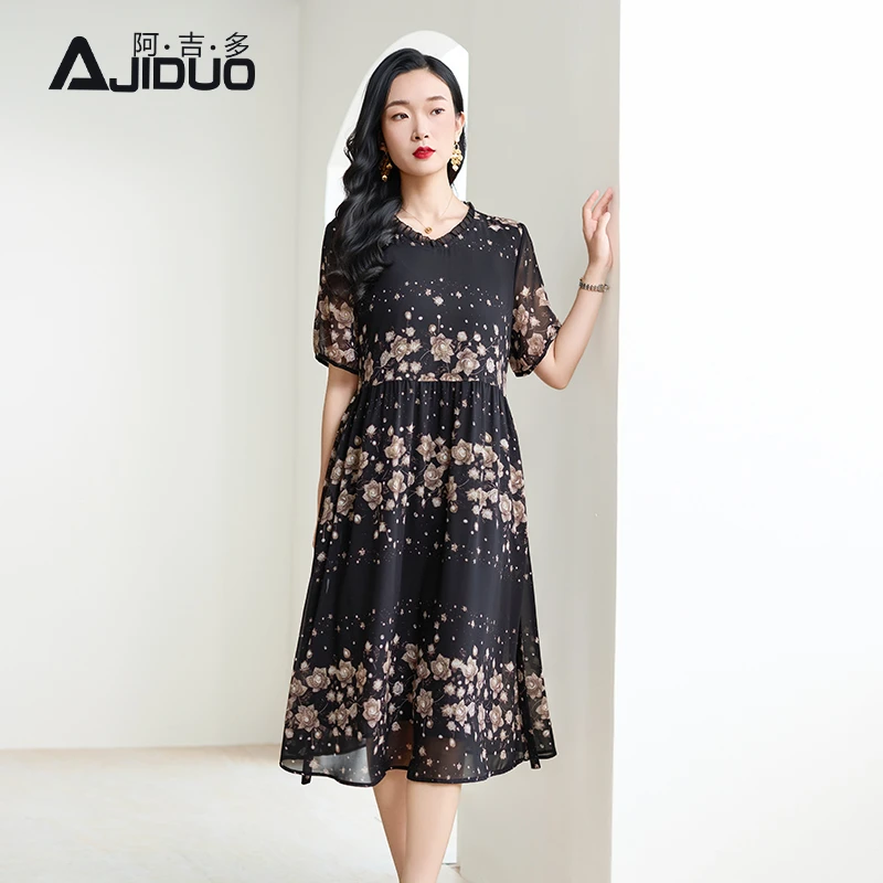 A31930阿吉多法式V领黑色碎花连衣裙夏装新款系带收腰显瘦妈妈裙