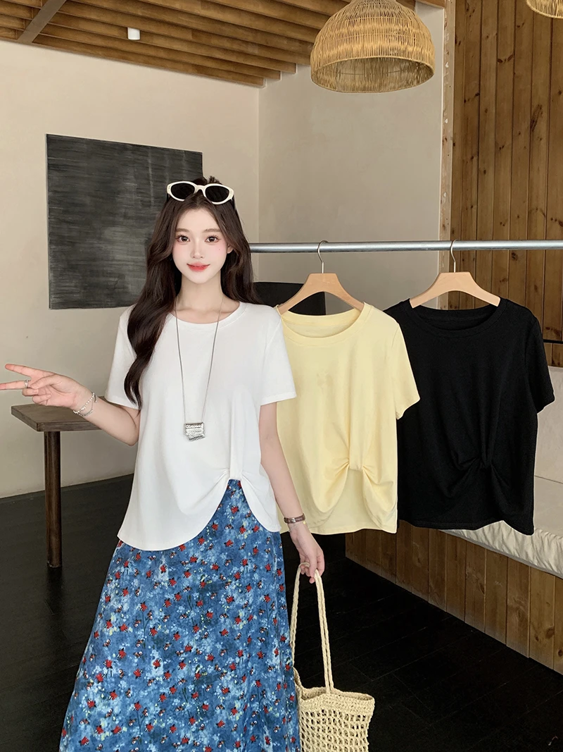 2025夏装新款胖mm大码女时尚设计感圆领不规则别致短袖T恤A2006