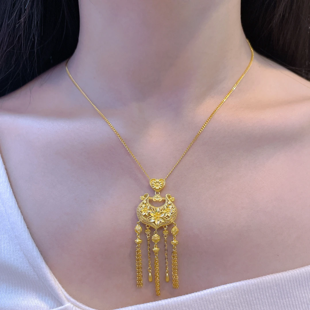 5G工艺足金999复古大气百合流苏锁包套链