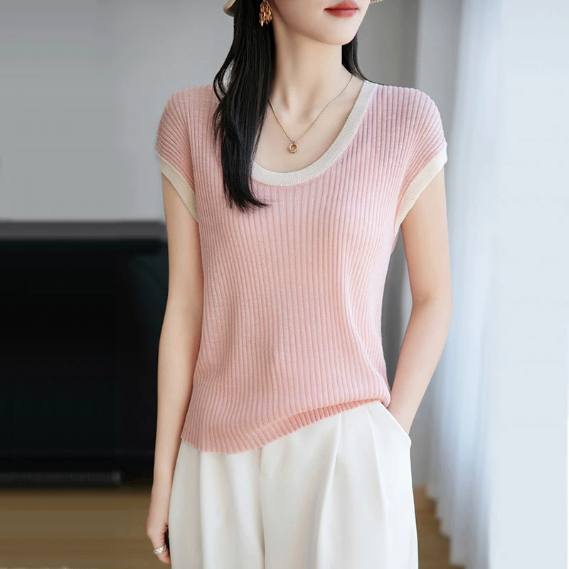 拼色圆领天丝短袖恤女宽松时尚夏季薄针织冰丝衫上衣百搭时尚显瘦