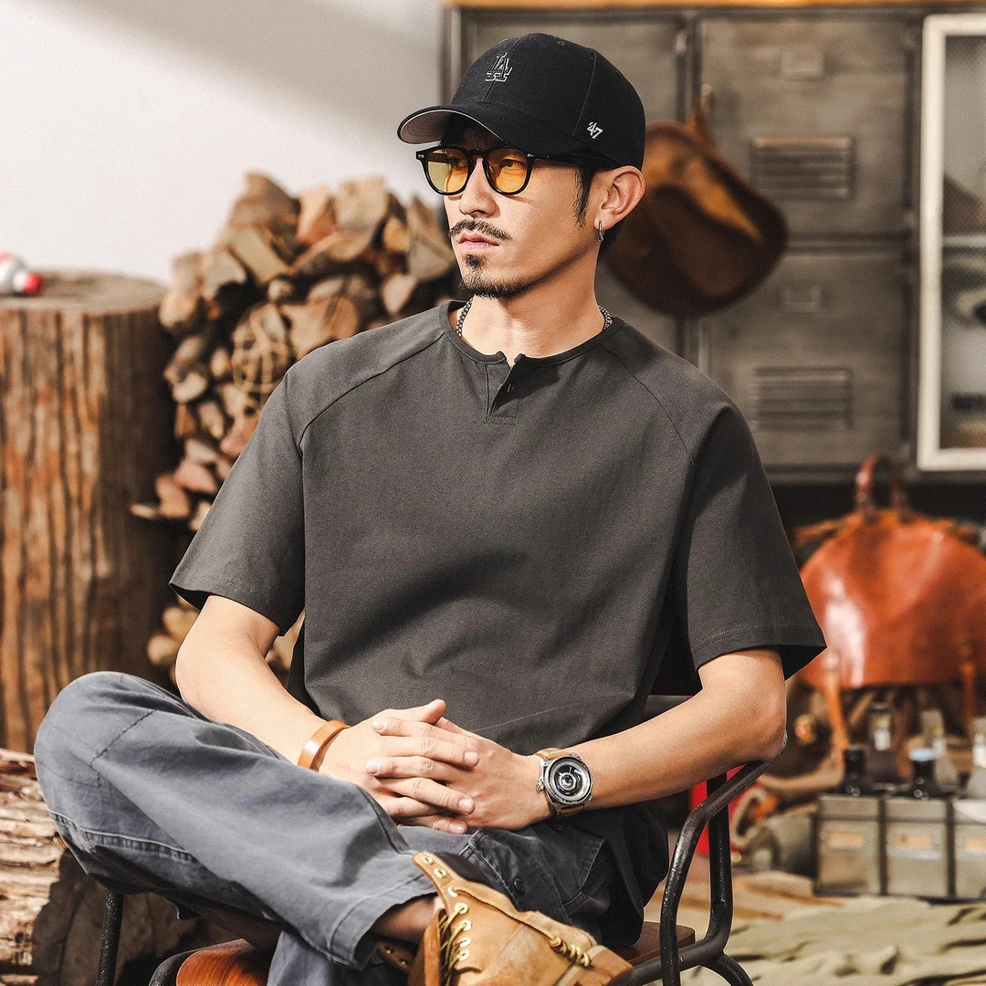 美式复古成熟硬汉亨利领Polo衫男夏季男士短袖t恤宽松大码上衣男