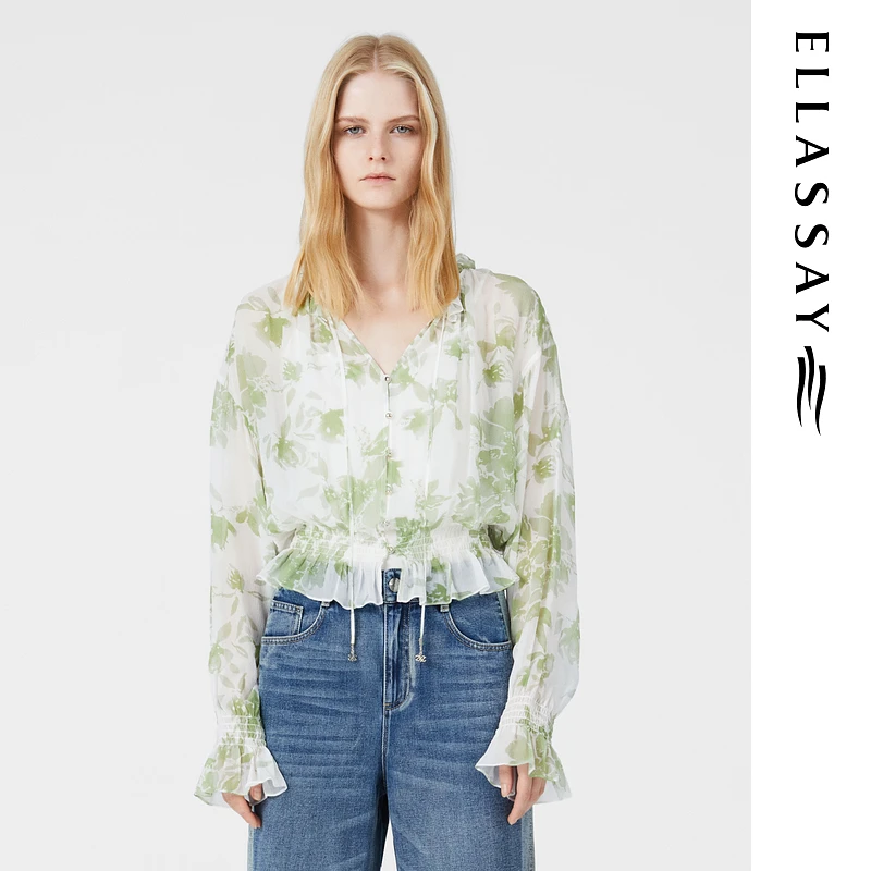 ELLASSAY歌力思25早春新款欧若风桑蚕丝褶皱衬衫女EWB362C01000