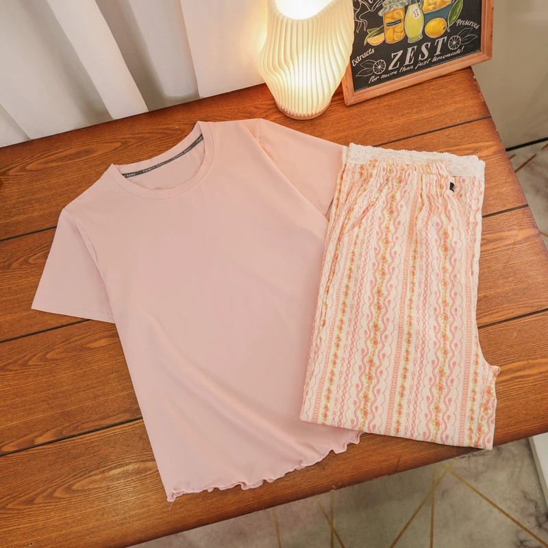 主播同款睡衣女夏季淡粉色短袖家居服休闲两件套装-539-772