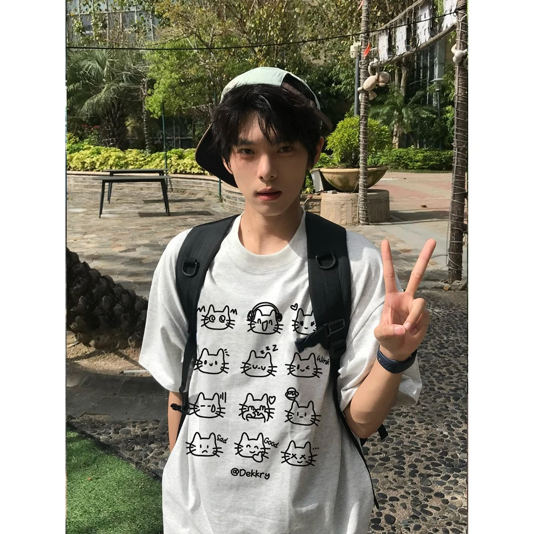 100%纯棉美式潮流卡通猫咪印花短袖t恤男女夏季休闲宽松情侣上衣