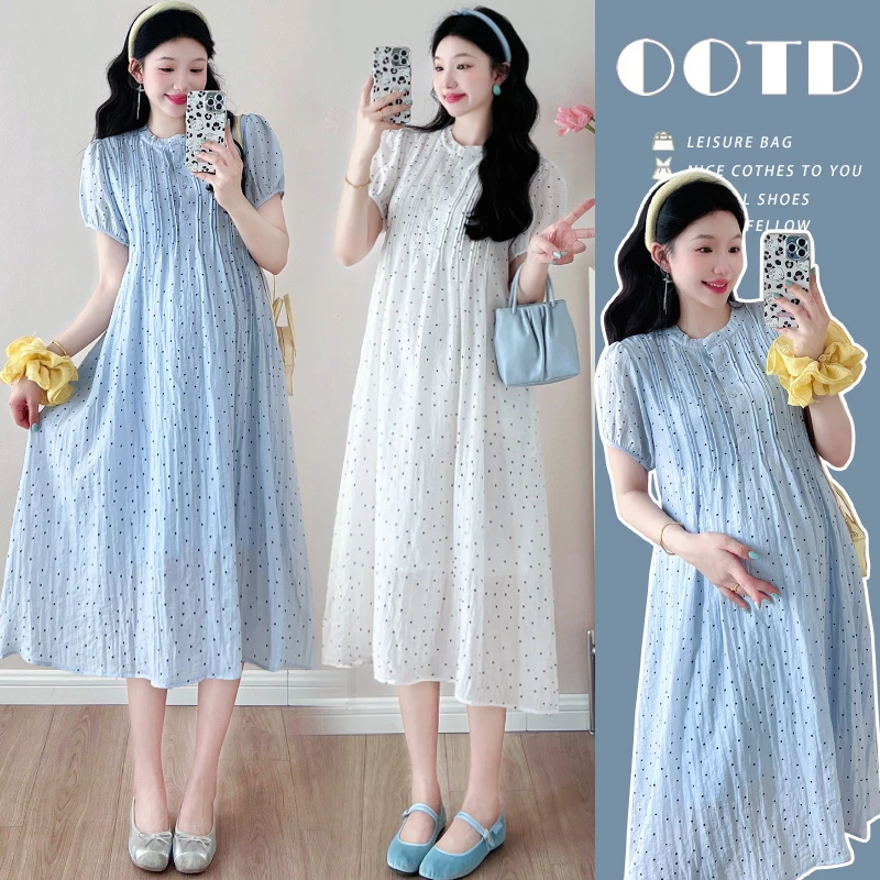 孕妇夏装连衣裙甜美小清新孕妇装波点减龄短袖夏季薄款中长款裙子