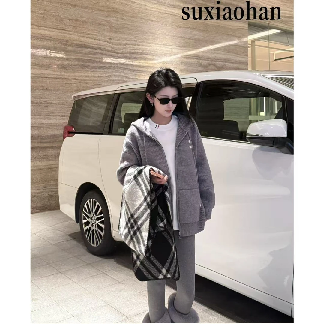 SUXIAOHAN秋冬宽松型开衫毛衣加厚针织时尚保暖连帽外套825