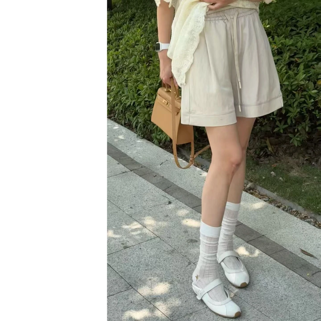 墨迹姐高个子微胖“牛仔开叉短裤”四分长度宽松大版显瘦短裤女