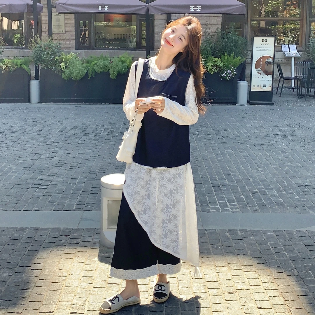 温柔不规则罩衫t恤裙牛仔马甲背心显瘦九分裤三件套女秋2025新款