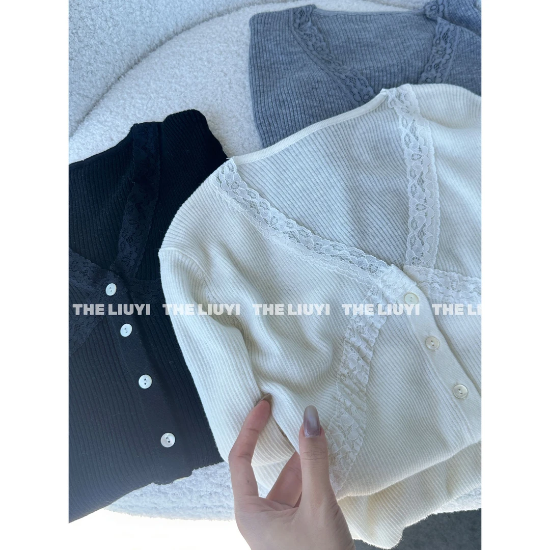 【LIUYI】羊毛混纺V领蕾丝针织上衣58283
