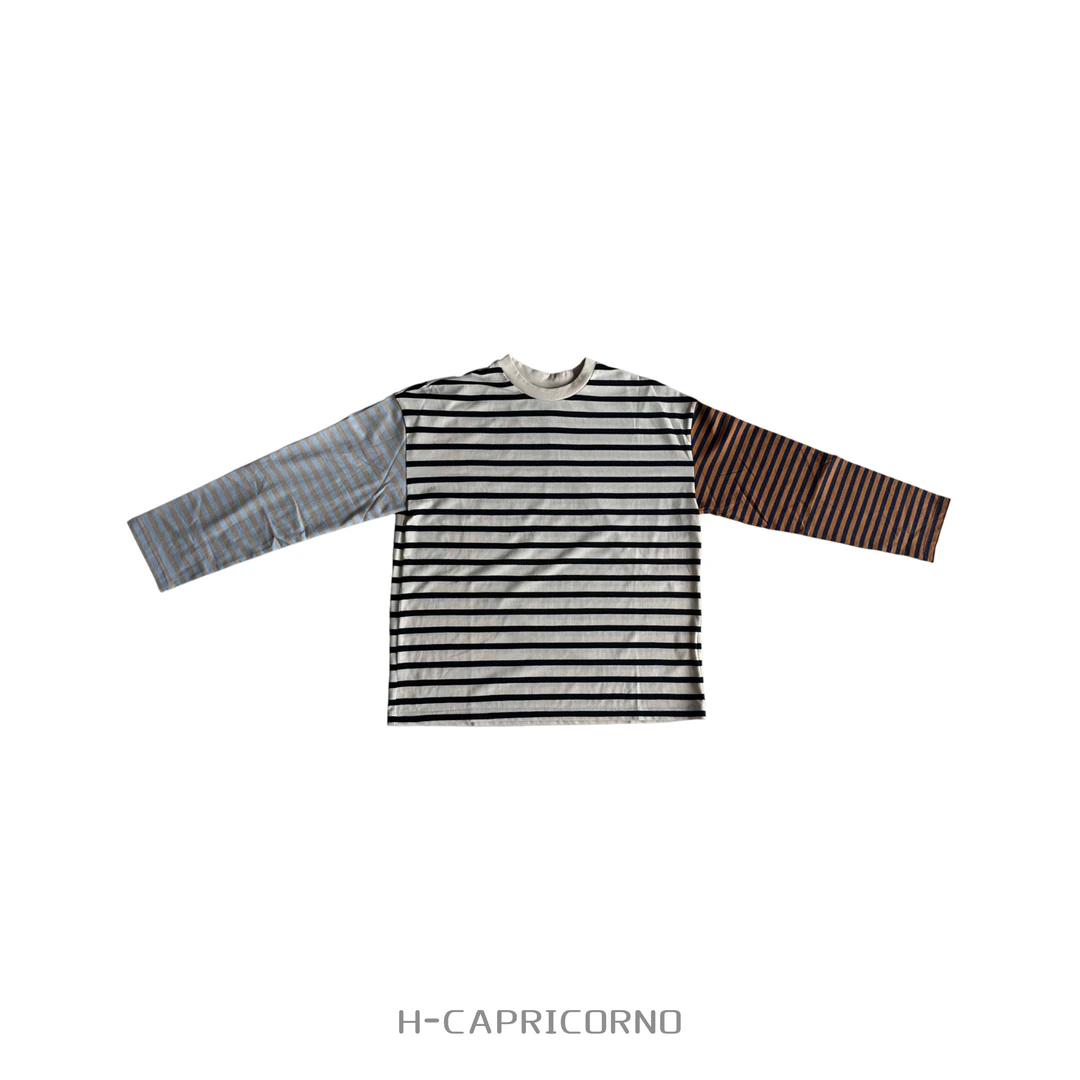 H-CAPRICORNO高支棉不对称彩色条纹套头针织上衣长袖T恤薄卫衣