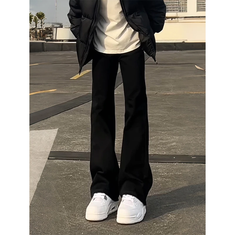 cleanfit黑色柳叶弯刀牛仔裤男秋冬季修身显瘦加绒裤子直筒微喇裤