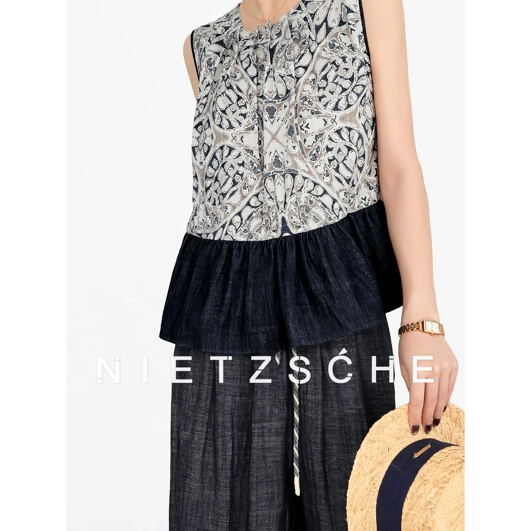 Nietzsche｜永夏｜蓝调 下摆荷叶边撞色 减龄宽松显瘦上衣90121