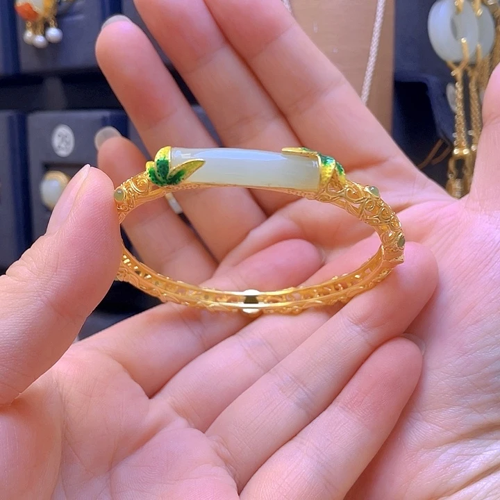 银S925镀金镶嵌手镯和田玉