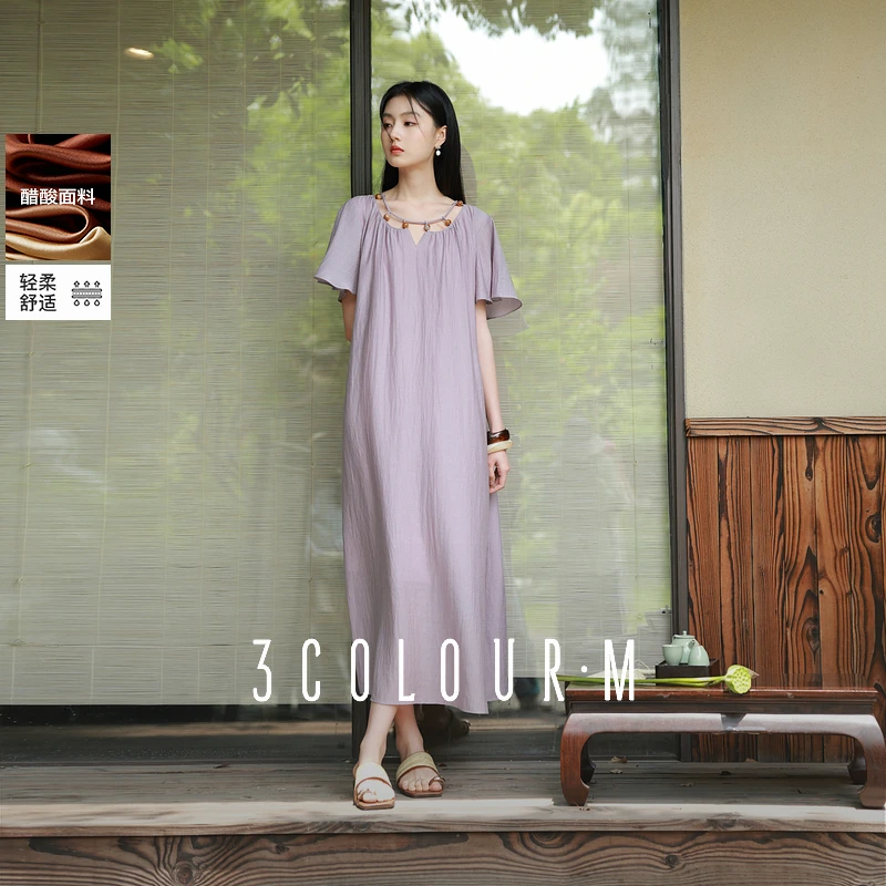 【醋酸】三彩2025夏秋季新款镂空串珠圆领连衣裙宽松长裙A字裙女M