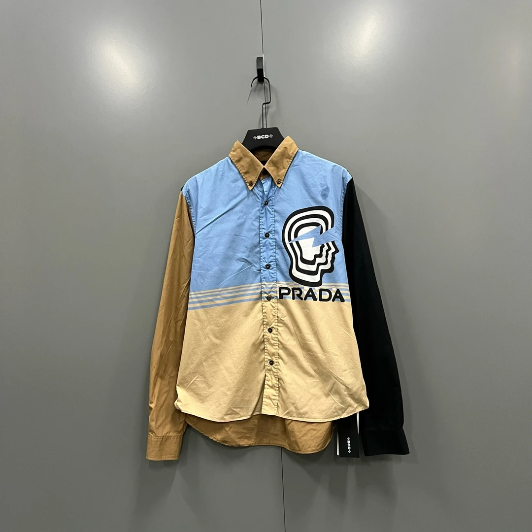 99新 Prada/普拉达 PRADA 普拉达 拼色印花logo长袖衬衫 L码/98新