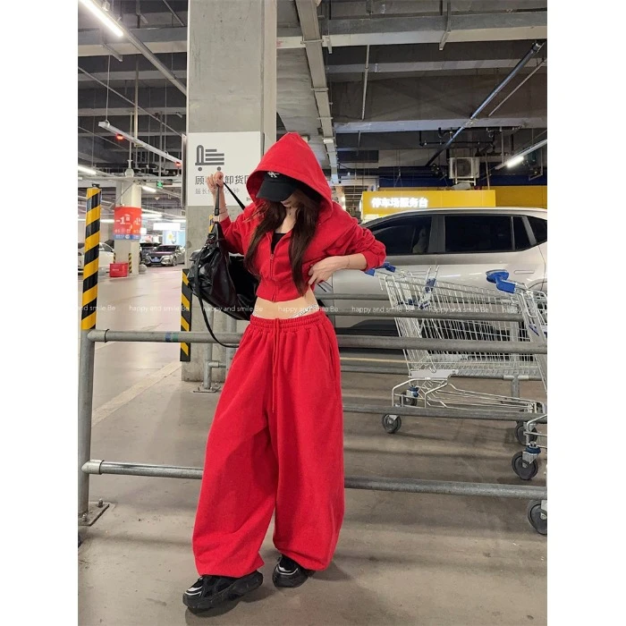 辣妹红色短款连帽卫衣外套抽绳休闲卫裤女2025秋季新款时尚套装潮