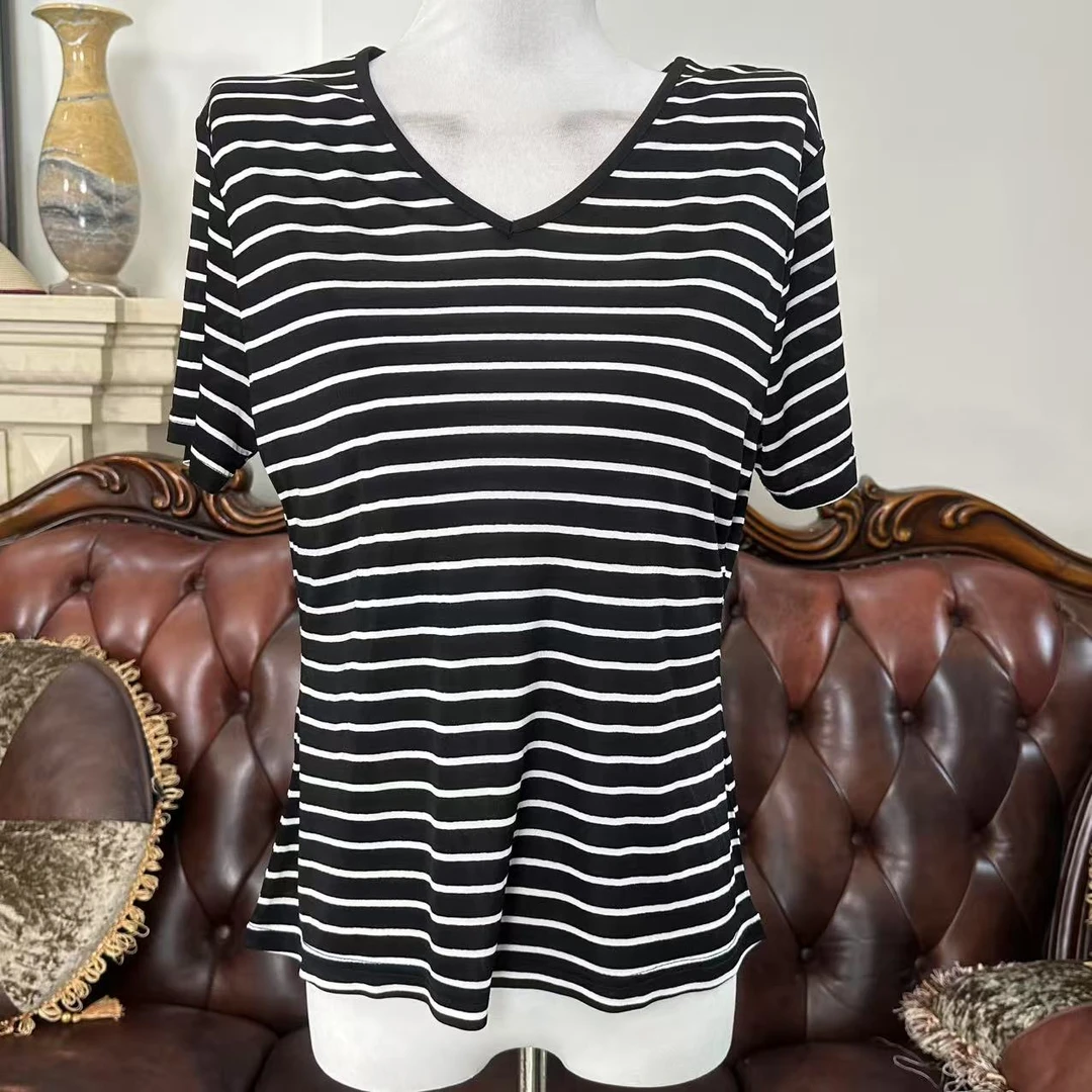 【条纹桃心领】桑蚕丝捻丝条纹V领精品短袖T恤 68A007-90699