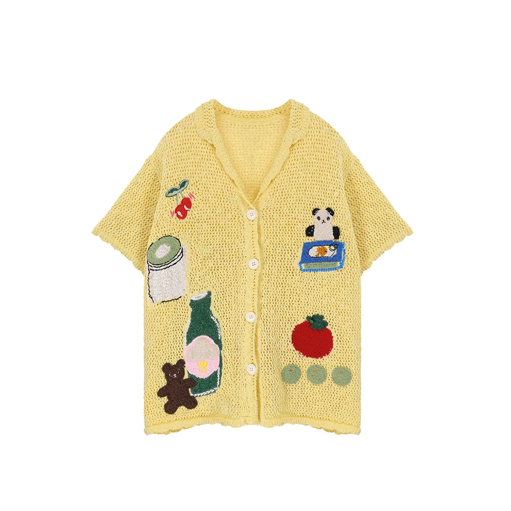 RAQZZ42812夏季新款复古趣味手工钩花刺绣翻领短袖针织宽松开衫女