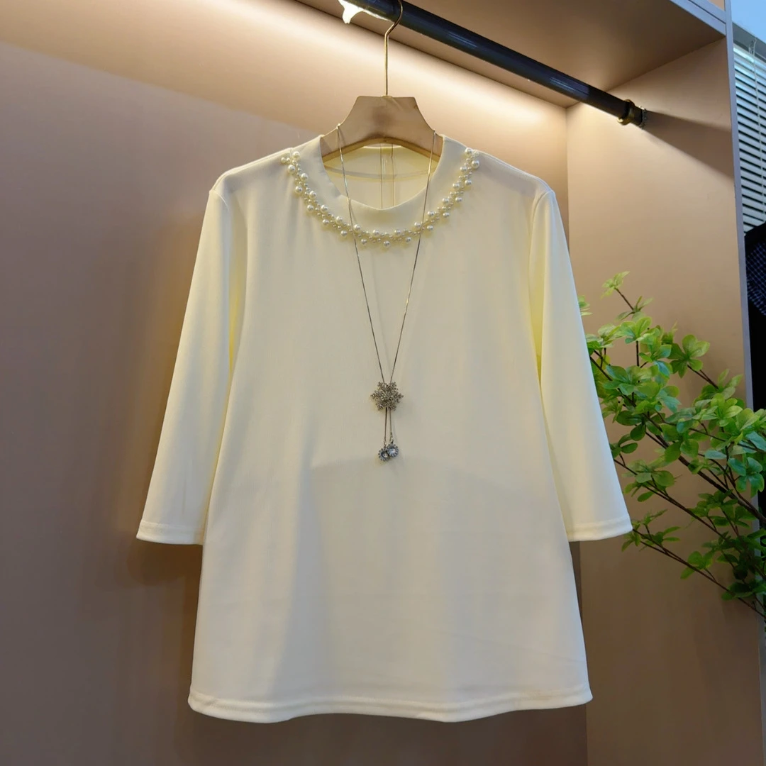 新款洋气百搭圆领重工钉珠宽松减龄显瘦休闲上衣（长61左右）