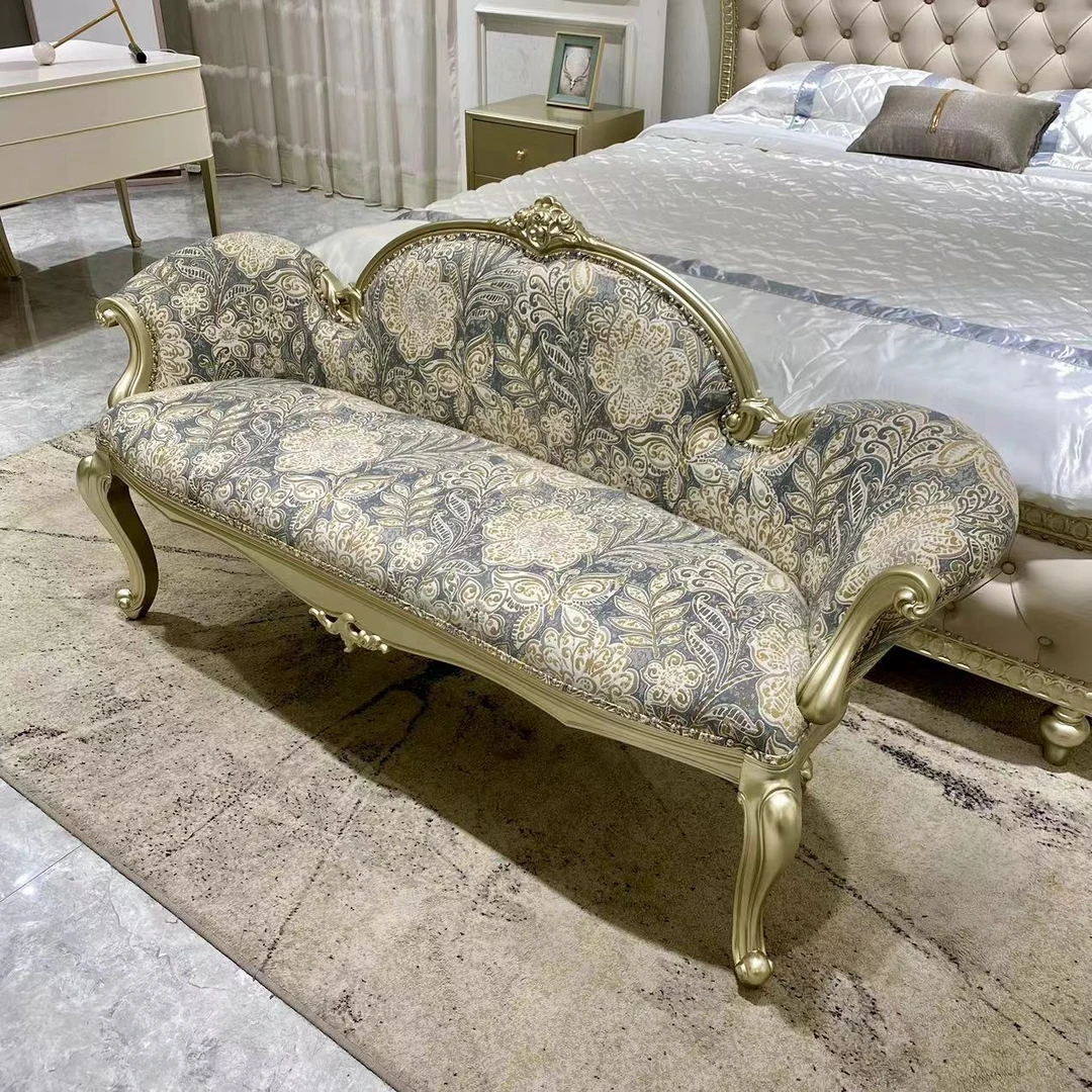 美式轻奢实木床尾凳法式复古雕花贵妃椅美式乡村休闲懒人躺椅