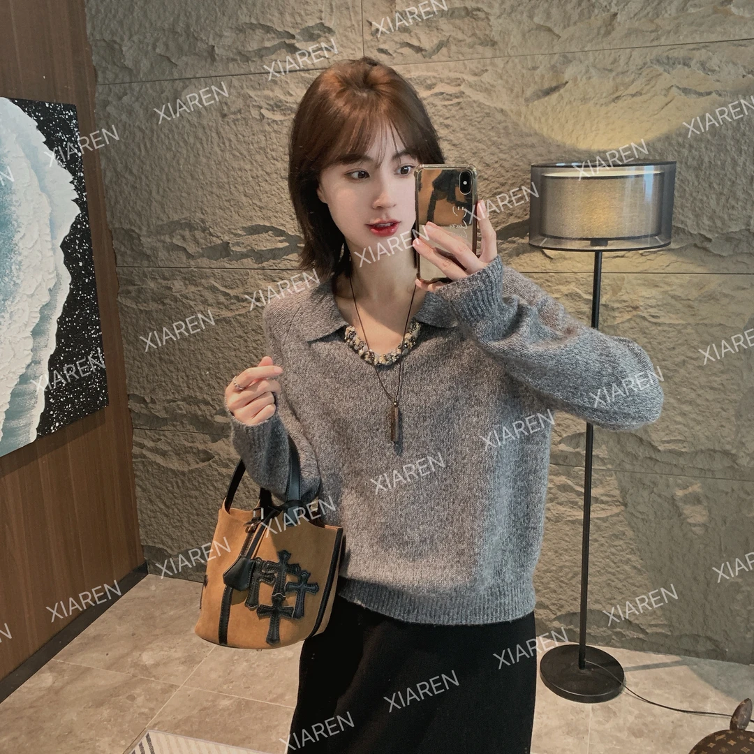 XIAREN【v领毛针织】洋气衣服女纯欲慵懒风上衣出游毛衣时尚显瘦