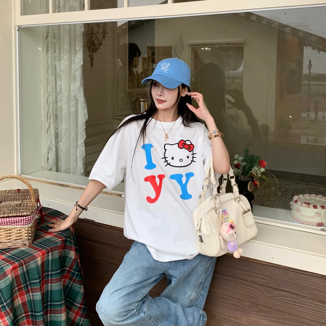 3MERKitty元素彩色字母印花短袖T恤女宽松趣味卡通上衣