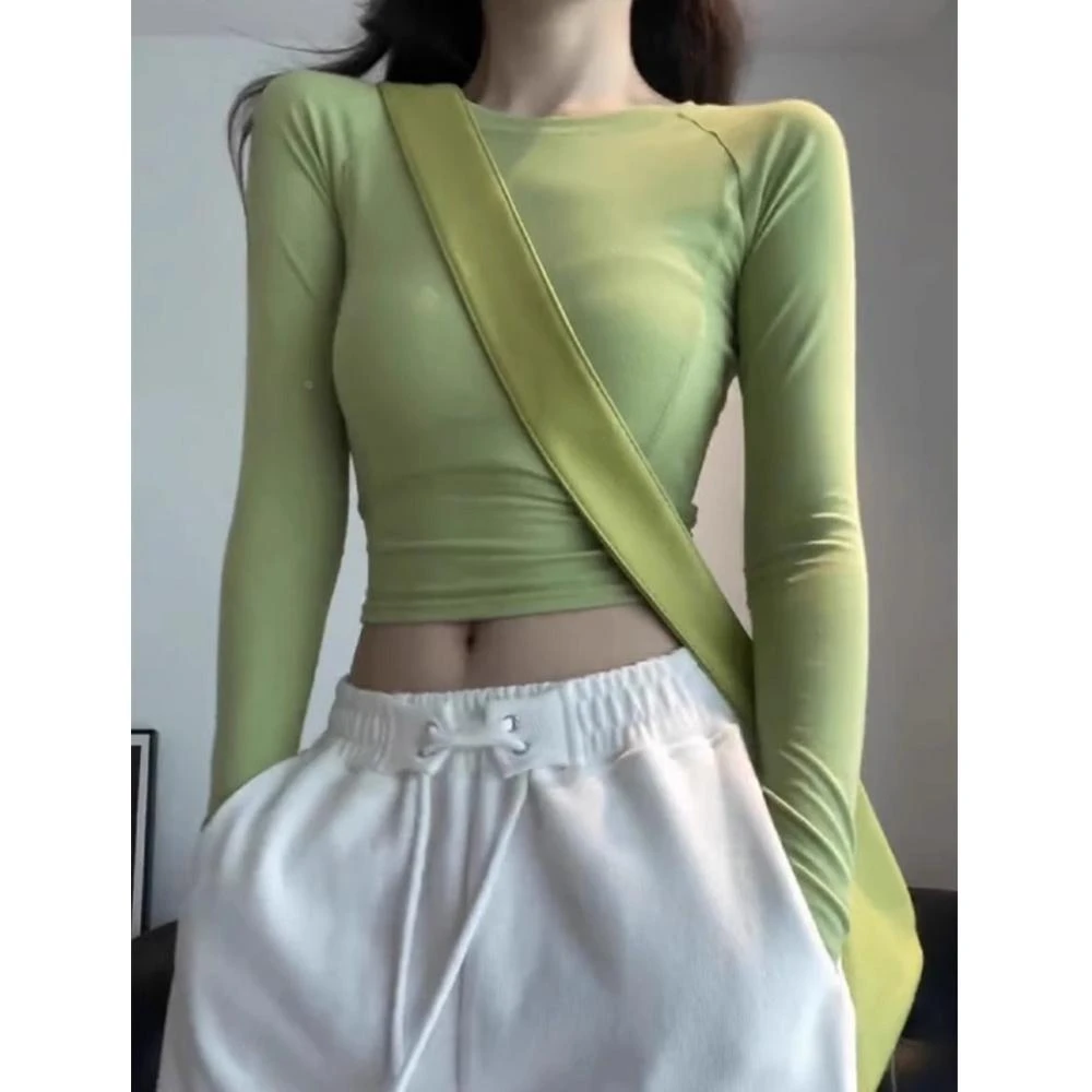 圆领打底衫女士春季纯欲风高腰露脐修身显瘦短款内搭长袖恤上衣