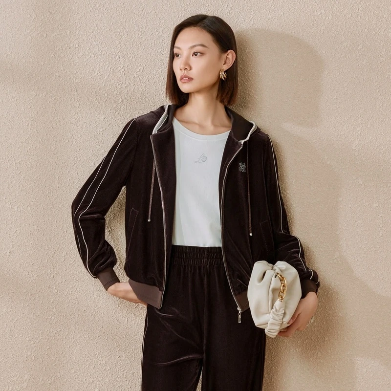 娜尔思淡橙色长袖通勤连帽开衫春季新款NB00160C1