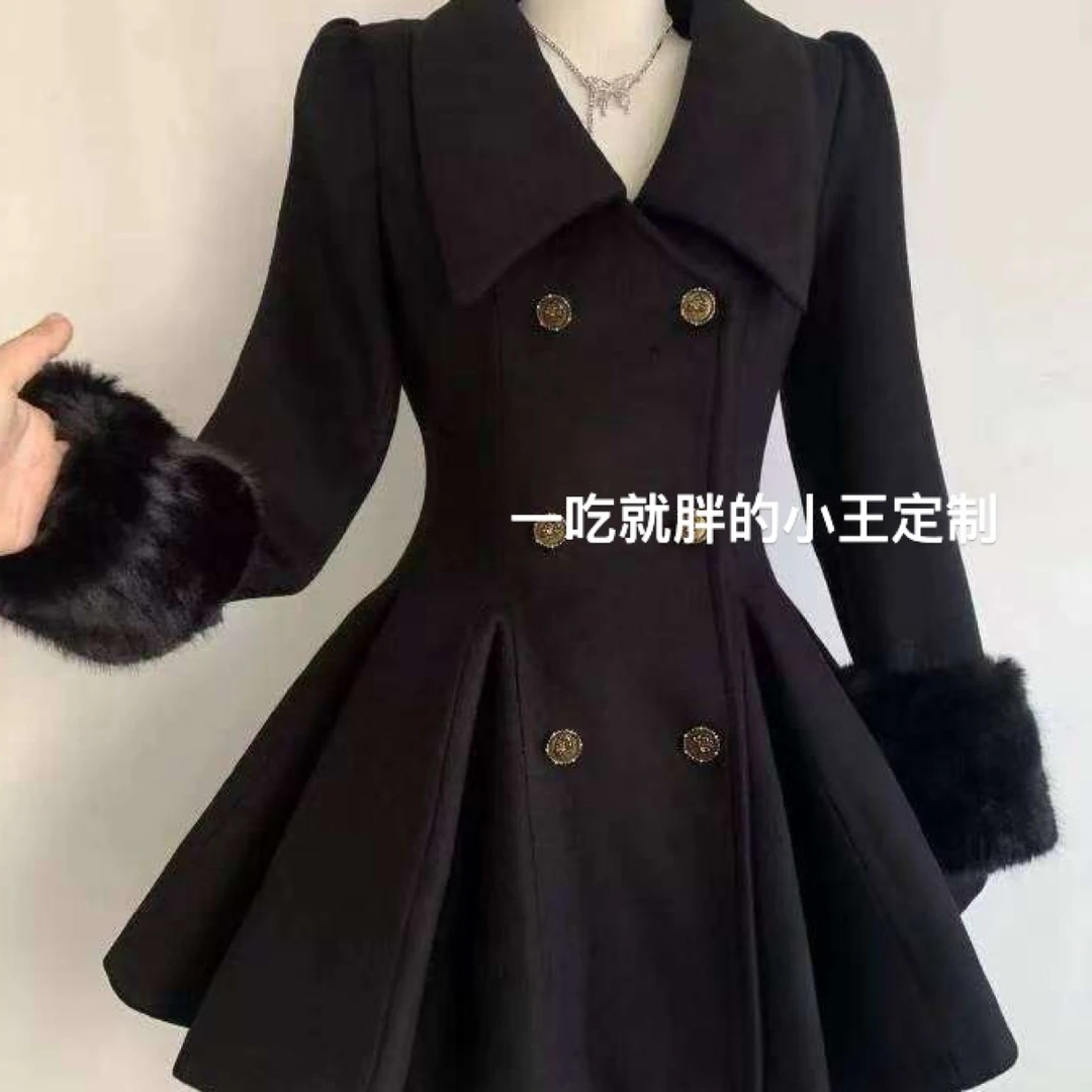 【小王家】 秋冬毛领收腰加厚保暖千金风毛呢外套