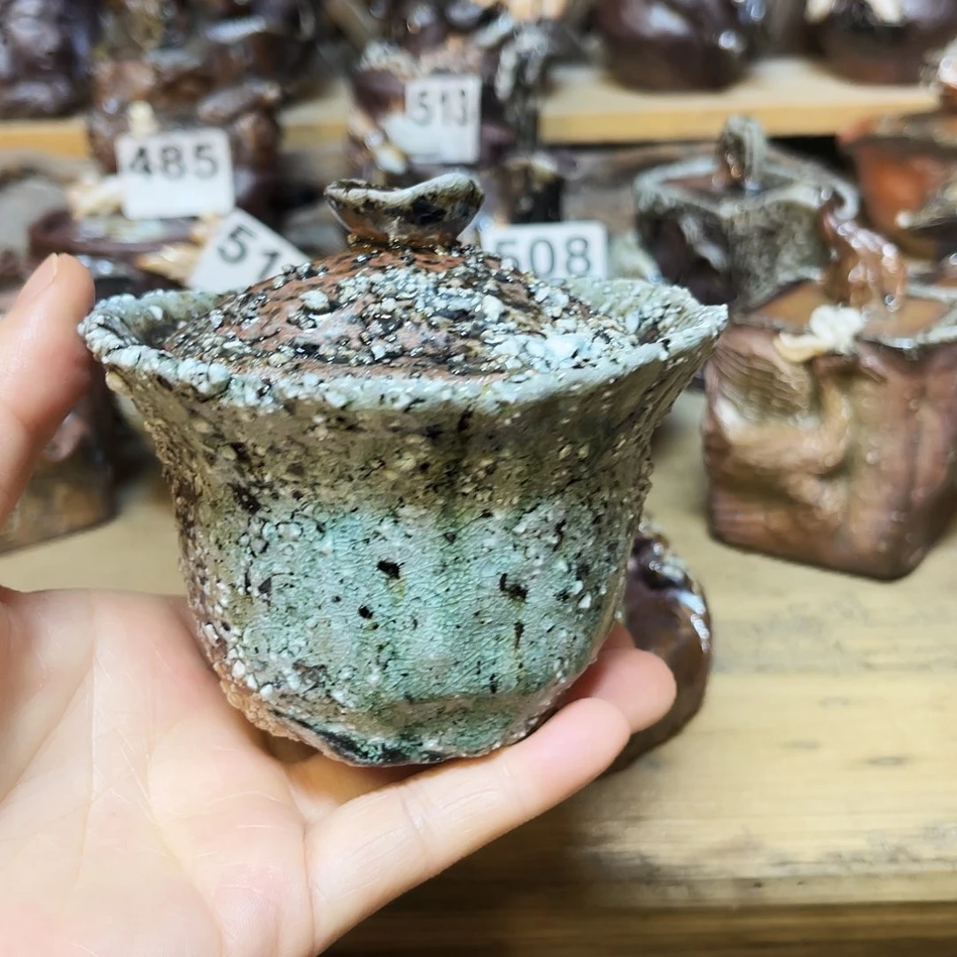 杯柴烧石头手捏盖碗粘底