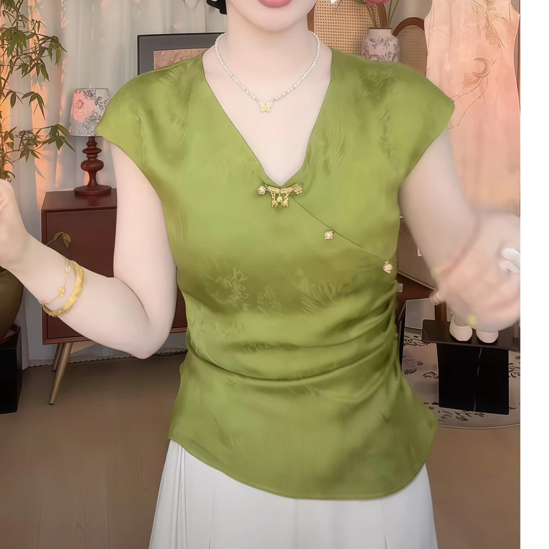 【寻香】2025夏季新中式缎面提花气质国风设计感时尚洋气上衣女潮流