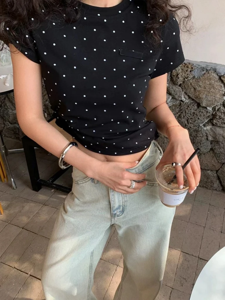 【4106】予#休闲百搭波点圆领修身上衣