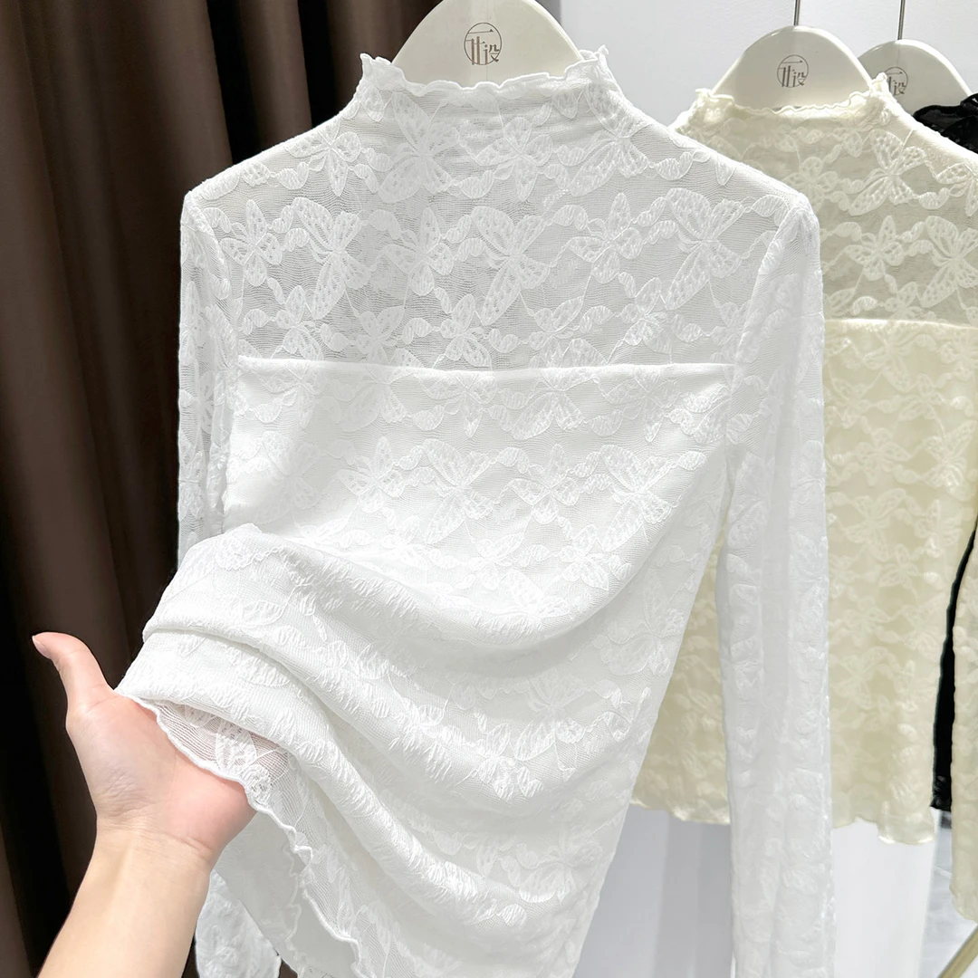 蕾丝打底衫女秋冬木耳边半高领蝴蝶提花内搭叠穿网纱小衫加绒上衣
