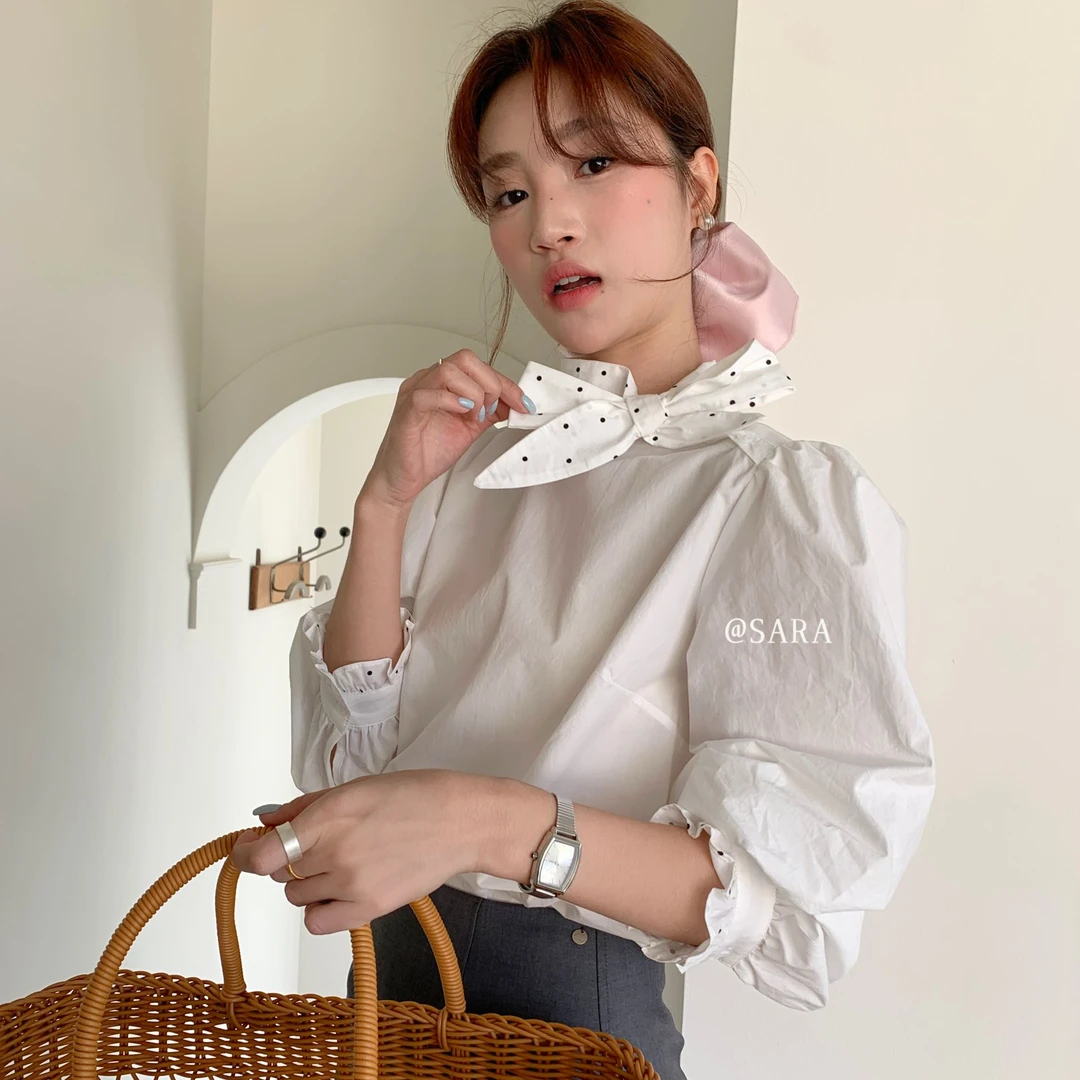 法式拼接波点系带衬衫2025年春季气质百搭显瘦泡泡袖衬衣上衣