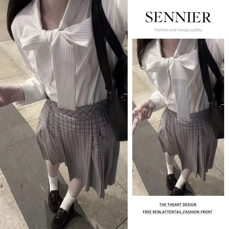 秋冬搭2025新款韩版时尚百搭蝴蝶结长袖衬衫显瘦格纹半身裙两件套