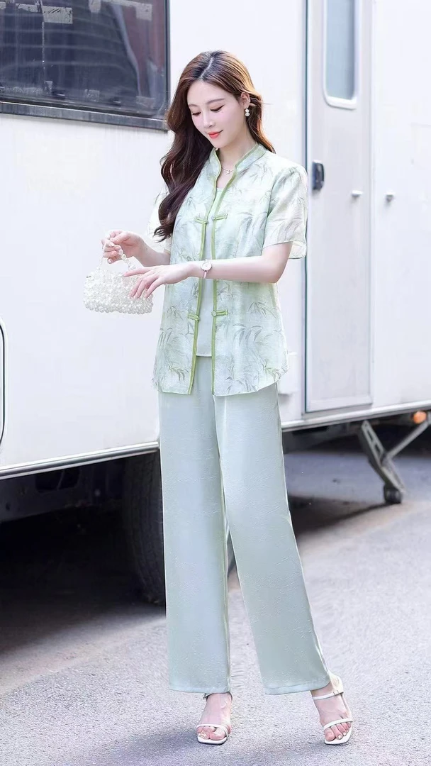 长裤宽松型纽扣时尚国风女装开衫夏季女装三件套